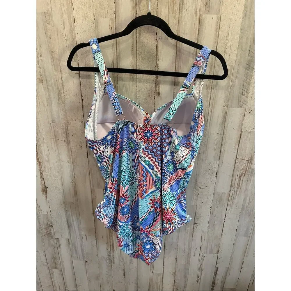 Emerald Bay Ruched Blue Pattern Flattering One Piece Swimsuit 18 Beach Pool - Picture 4 of 5